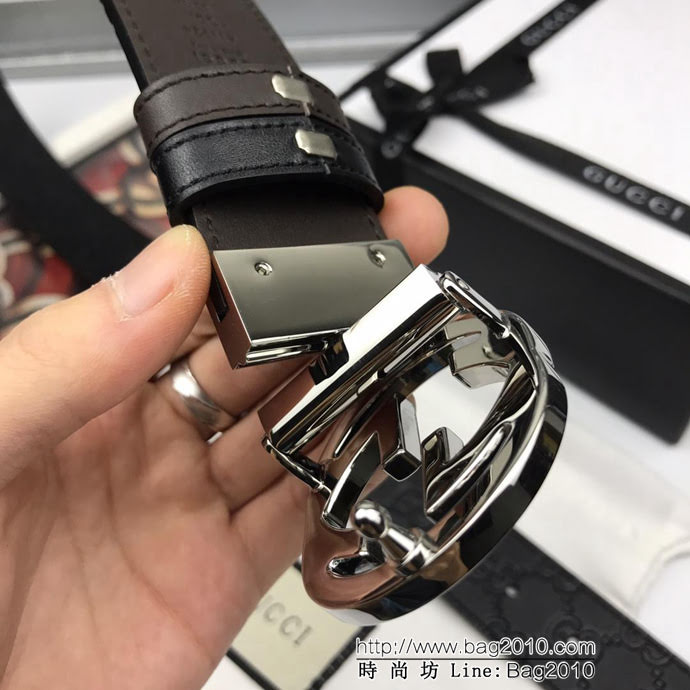 GUCCI古馳 官網新款 原單品質 頭層小牛皮壓花 咖啡色頭層皮底 旋轉雙G扣 男士皮帶  xfp1456